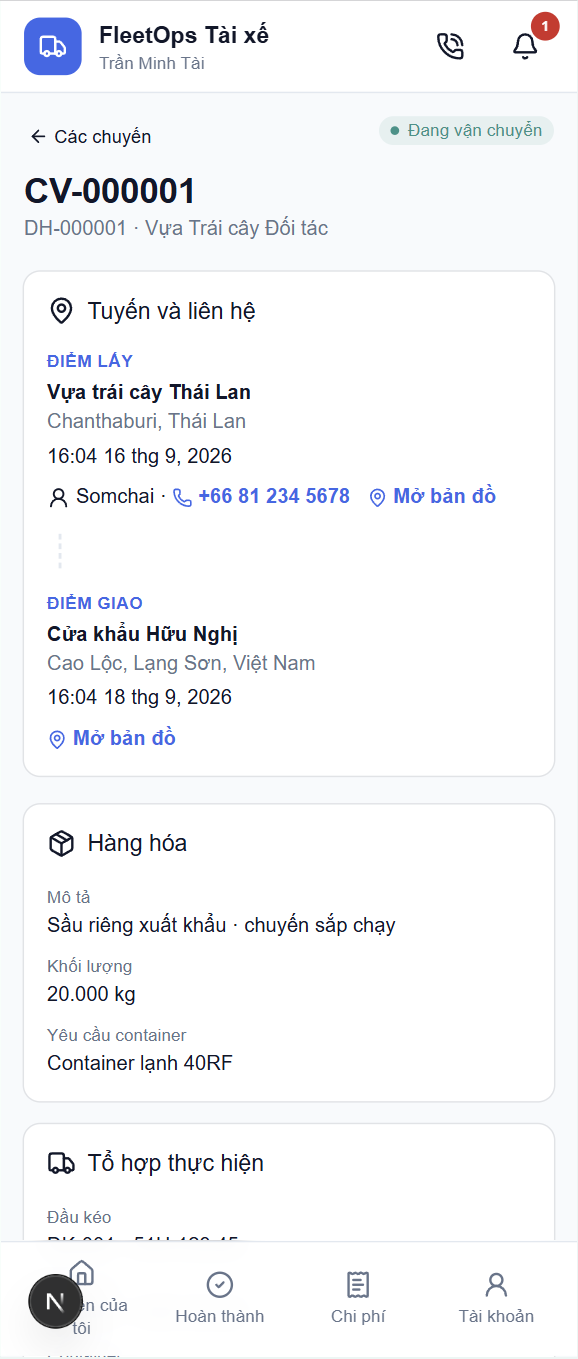 App Tài xế — Chi tiết đơn hàng sầu riêng và dẫn đường